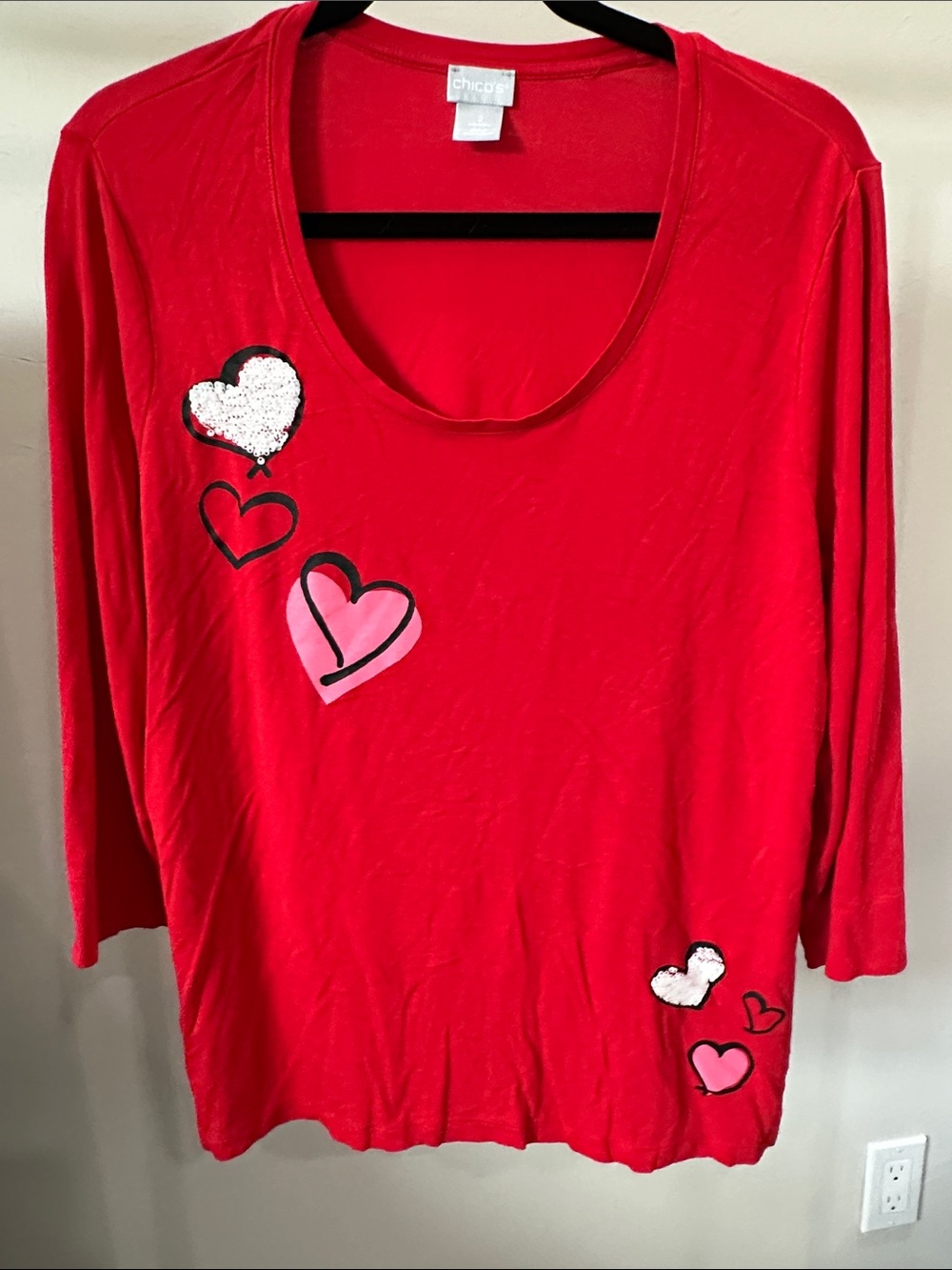 Chico's Red Tee with Pink & White Heart Accents